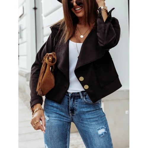 Women Solid Faux Suede Button Up Lapel Casual Long Sleeve Jacket With Pocket