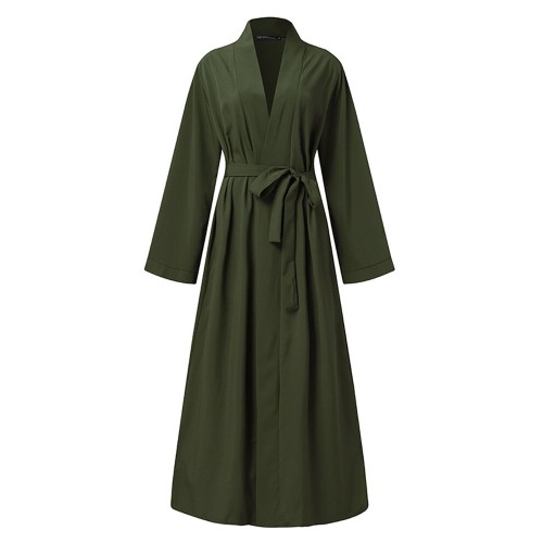 Women Vintage Solid Color Loose Casual Cardigan Abaya Kaftan Long Sleeve Robe