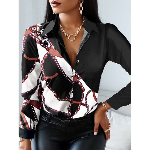 Chain Print Long Sleeve Lapel Button Down Shirt