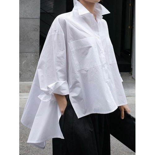 Long Sleeve Solid Color Lapel Pocket Irregular Hem Shirts For Women