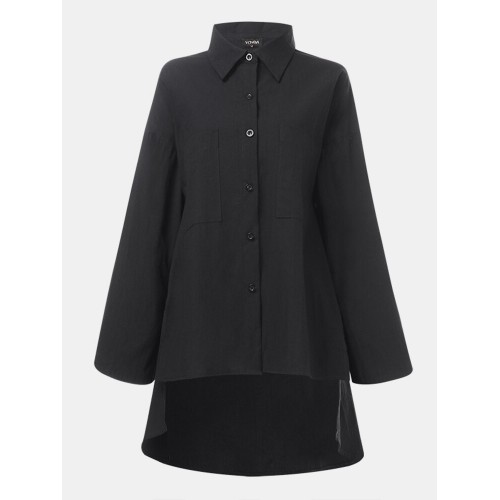 Long Sleeve Solid Color Lapel Pocket Irregular Hem Shirts For Women