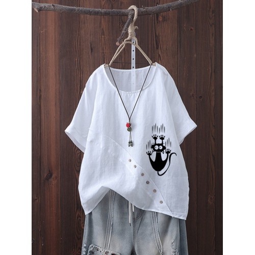 Women Button Cartoon Cat Print Short Sleeve Summer T-shirts