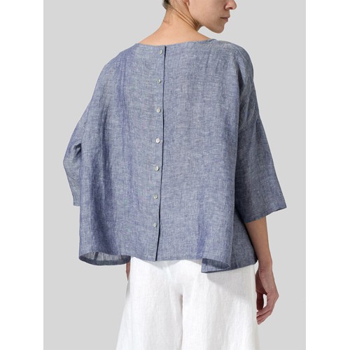 Women Loose Pure Color Button Down Back High Low Hem Blouse