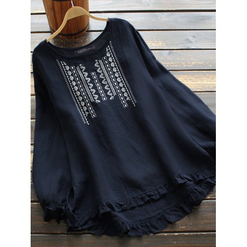 Women Ruffles Hem Elastic Cuff Floral Embroidery Bohemian Loose Blouse