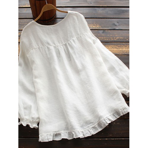 Women Ruffles Hem Elastic Cuff Floral Embroidery Bohemian Loose Blouse