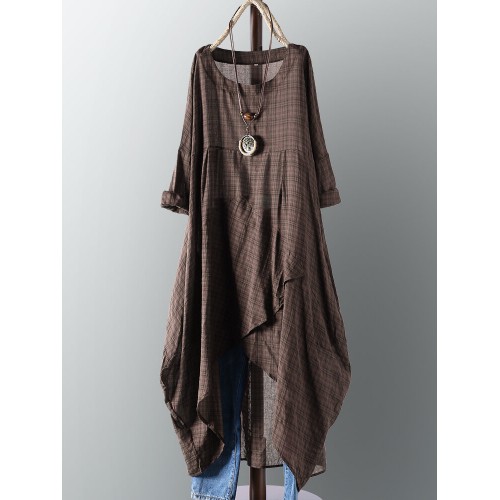 Vintage Women Cotton Pocket Plaid Irregular Hem Maxi Dress