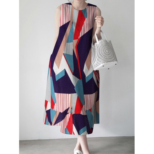 Women Cotton O-Neck Camisole Straps Geometric Dress With Side Pockets