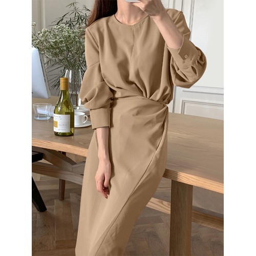 Women Long Sleeve Lace up Calf-Length Pleats Solid Casual Midi Dresses