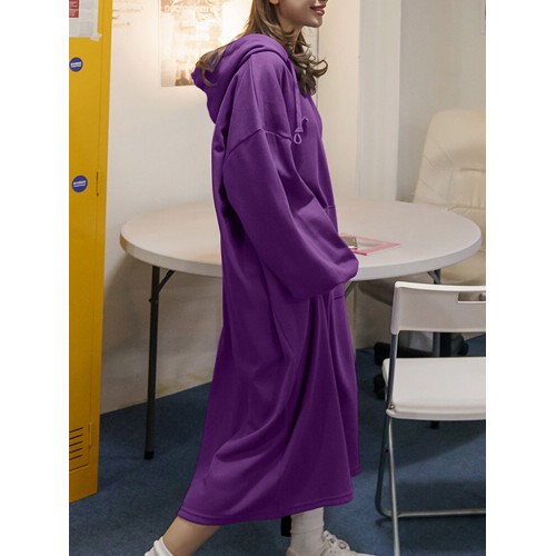 Women Puff Sleeve Loose Hooded Sweatshirt Calf Length Casual Midi Dresses
