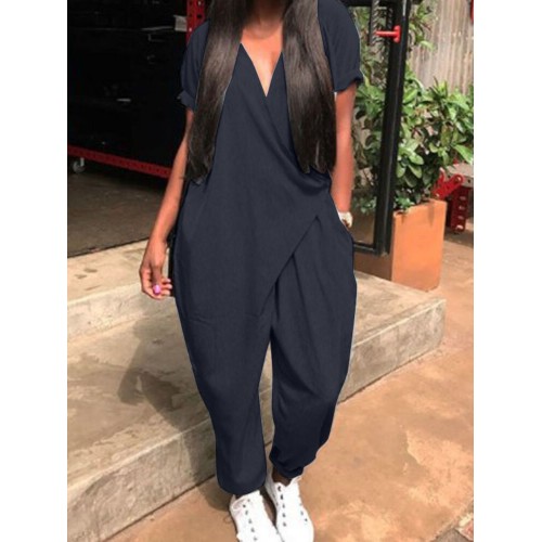 Short Sleeve V-Neck Side Pockets Simple And Comfortable Jumpsuit