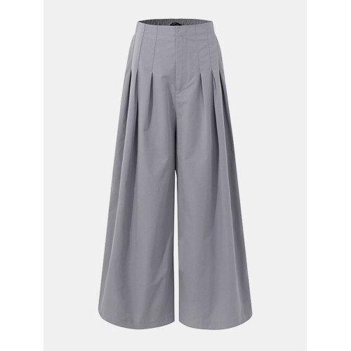 Women High Waist Solid Color Loose Pleated Casual Wide Leg Pants