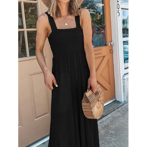 Women Solid Color Sleeveless Wide Shoulder Straps Wide Leg Jumpsuits