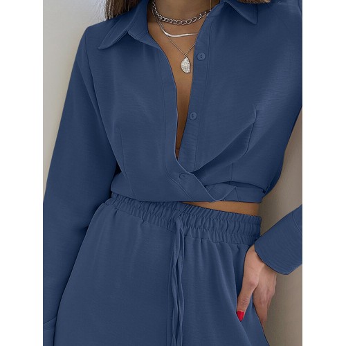 Solid Drawstring Elastic Waist Pocket Button Two Pieces Set