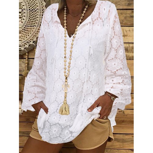 Plus Size Solid Color Lace Crochet Casual Blouse For Women