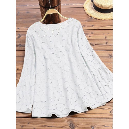 Plus Size Solid Color Lace Crochet Casual Blouse For Women