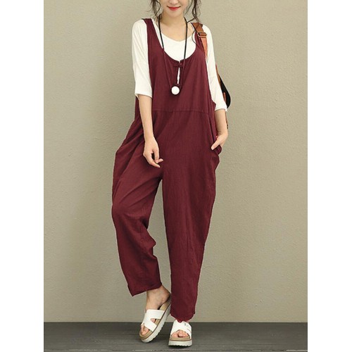 Plus Size Vintage Women Pure Color Cotton Jumpsuits