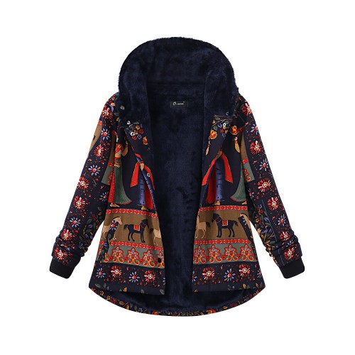 Plus Size Women Printing Hood Thick Warm Coats