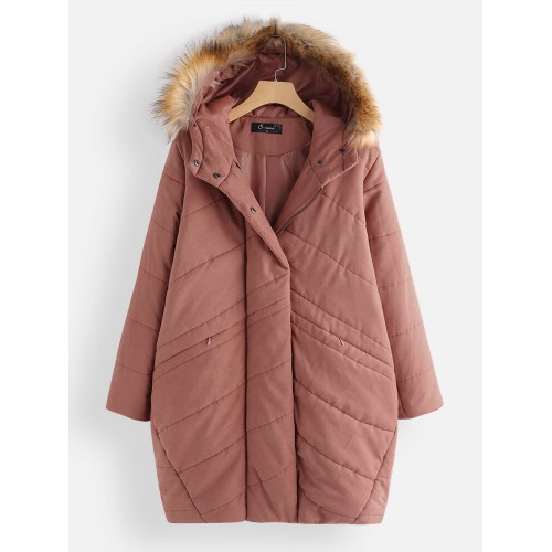 Twill Detachable Fur Collar Hooded Thicken Plus Size Winter Coats