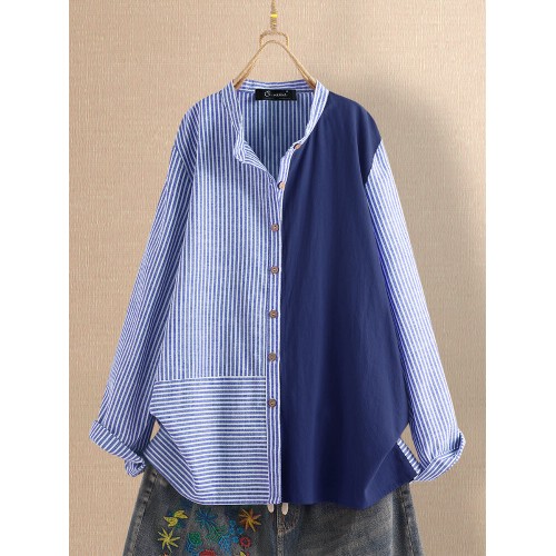 Women Striped Patchwork Stand Collar Button Plus Size Shirts