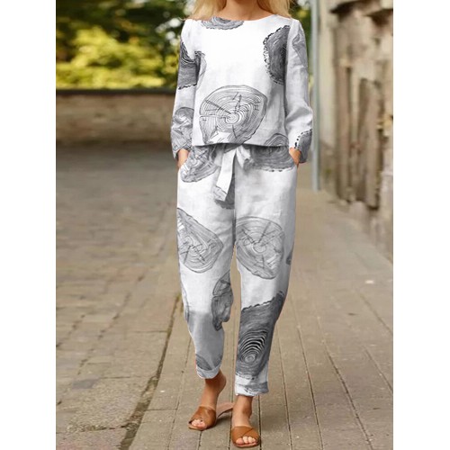 Vintage Print Tie Elastic Waist Pocket Long Sleeve Two Pieces Set