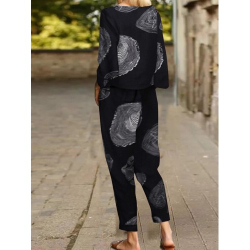 Vintage Print Tie Elastic Waist Pocket Long Sleeve Two Pieces Set