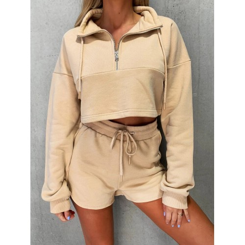 Women Half Zip Drop Shoulder Crop Top Drawstring Shorts Casaul Two-Piece Set