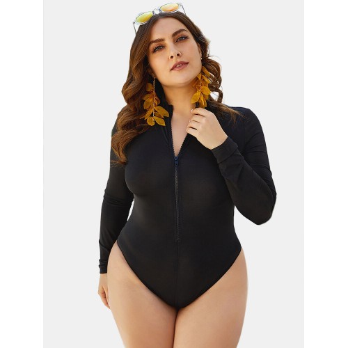 Plus Size High Neck Long Sleeve Zip Up Swimwear For Women
