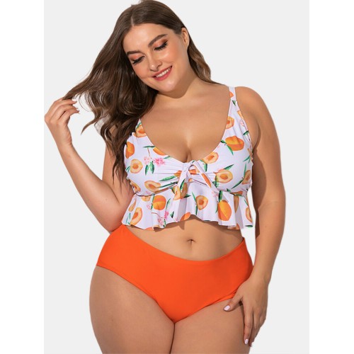 Printed Deep Necklines Adjustable Straps Plus Size Bikini