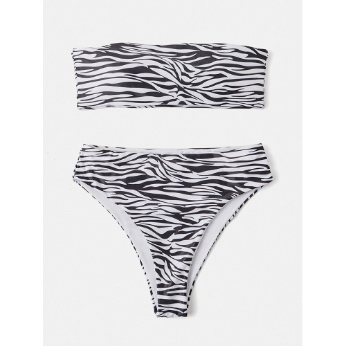 Women Animal Print Bandeau Backless Bikini Thong Swimsuit
