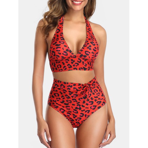 Women Leopard Triangle Halter String Backless Hot Swimwear Bikini