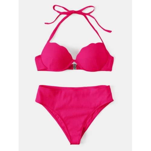 Women Solid Color Halter String Underwire High Waist Bikini For Swimming