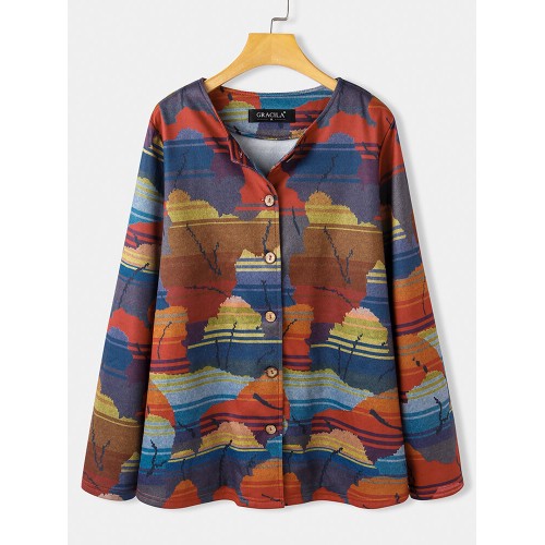 Women All Over Abstract Print Button Up O-Neck Casual Coats