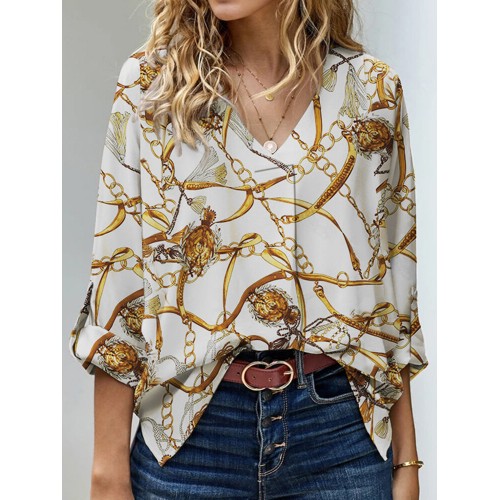 Chain Print Long Sleeve V-neck Blouse For Women