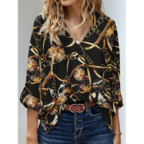 Chain Print Long Sleeve V-neck Blouse For Women