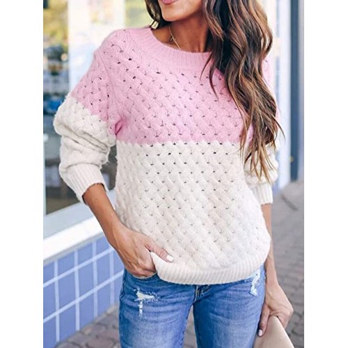 Women Colorblock Knitting Hollow Out Casual Long Sleeve Sweater
