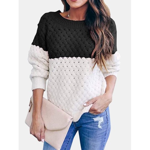 Women Colorblock Knitting Hollow Out Casual Long Sleeve Sweater