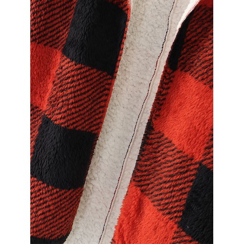 Women Plaid Fleece Hood Long Sleeve Warm Casual Hooded Sweatshirt