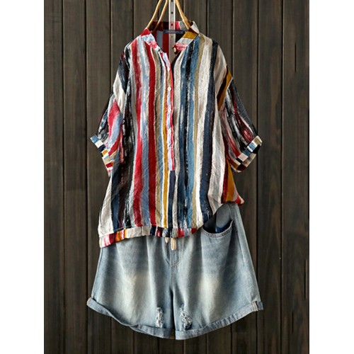 Women Short Sleeve Stripe Casual Button Blouse