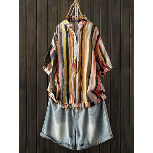 Women Short Sleeve Stripe Casual Button Blouse