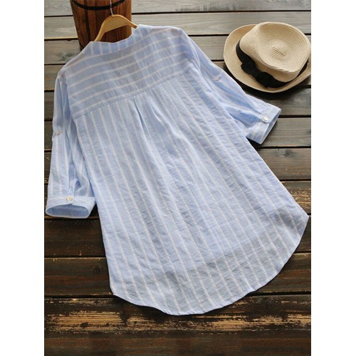 Women Stripe V-neck Buttons 3/4 Fold Sleeve Irregular Blouse