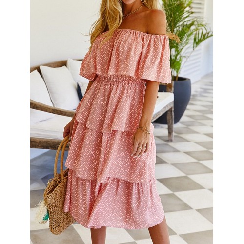 Polka Dot Print Off-shoulder Short Sleeve Layered Dress For Women