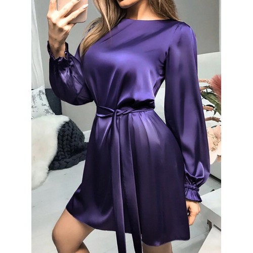 Women  Satin Solid Puff Sleeve Knee Length Back Zipper Drawstring Midi Dresses