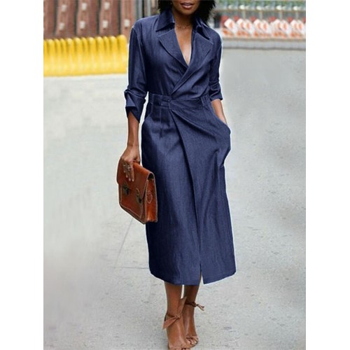 Women Denim Nine Points Sleeve Lapel Regular Fit Midi Dress With Pocket