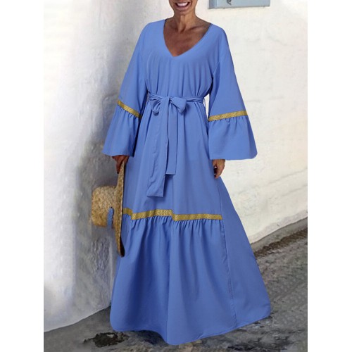 Women Long Sleeve Loose Flare Sleeve Spliced Solid Geometric Maxi Length Midi Dresses