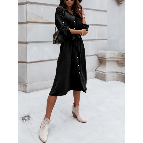 Women Solid Button Down Front Lace-Up Lapel Drop Shoulder Midi Dress