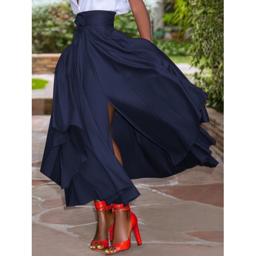 Back Zipper Lace-Up Side Pockets Solid Skirts For Women