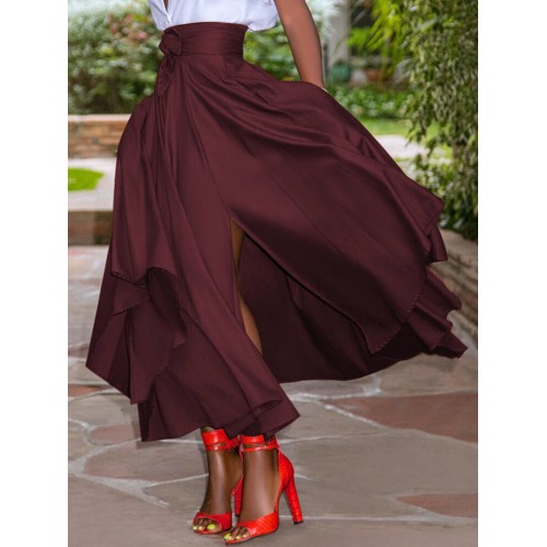 Back Zipper Lace-Up Side Pockets Solid Skirts For Women