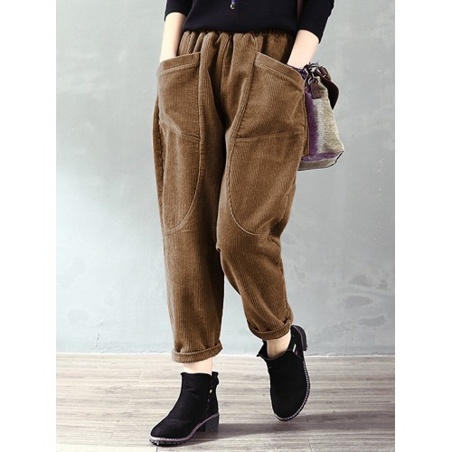 Corduroy Elastic Waist Loose Causal Pocket Pants