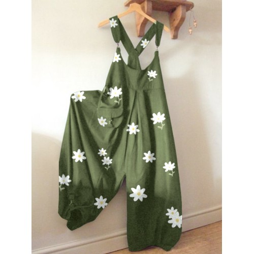 Women Casual Floral Printed Straps Loose Jumpsuit