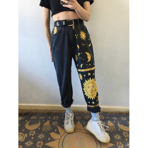 Women Design Cartoon Disk Sun Moon Print High Waist Jeans